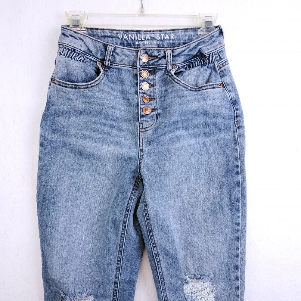 Vanilla Star Mom Jeans Blue Mid Rise Distressed Button Fly Junior's Size 3 - Picture 3 of 7